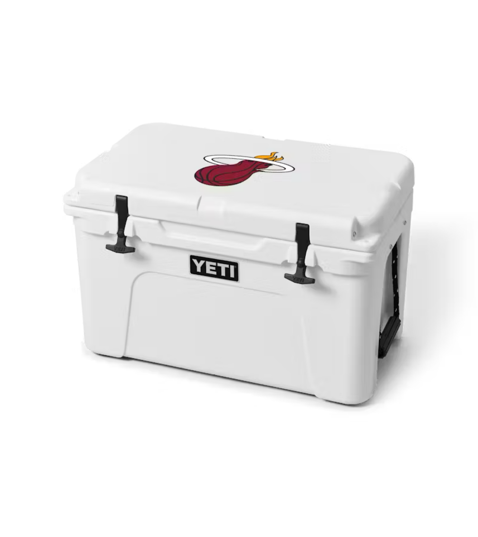 The Yeti Miami HEAT Tundra® 45 Cooler features PermaFrost insulation and a lid with a cartoon red tongue, gold halo, and wings design. Shown on a plain white background.