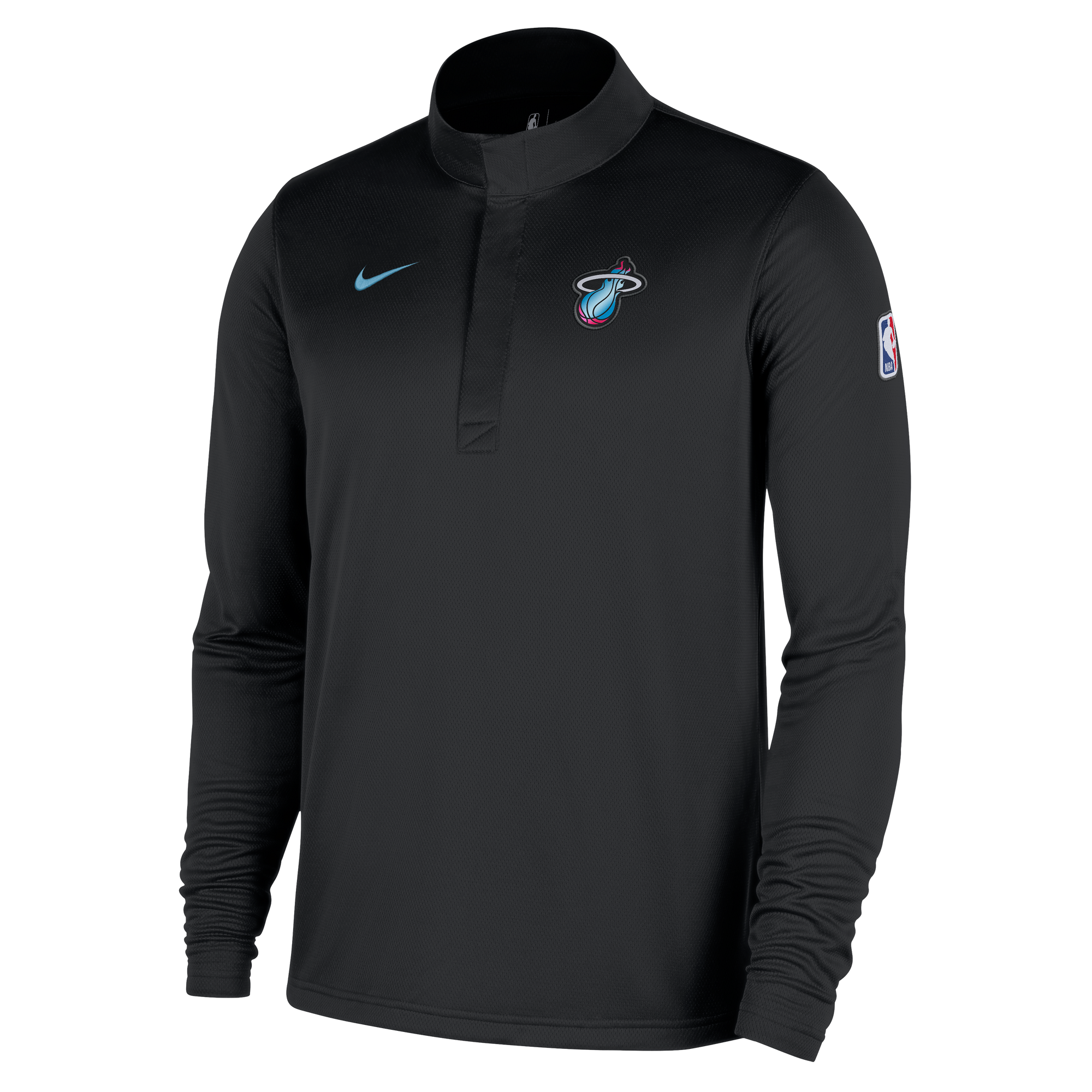 The Nike Miami HEAT Original Vice Nights 1/4 Zip Jacket is a black, long-sleeve pullover with a stand-up collar, Nike and team logos on the chest, NBA logo patch on the sleeve, standard fit, and polyester fabric—wash with like colors.