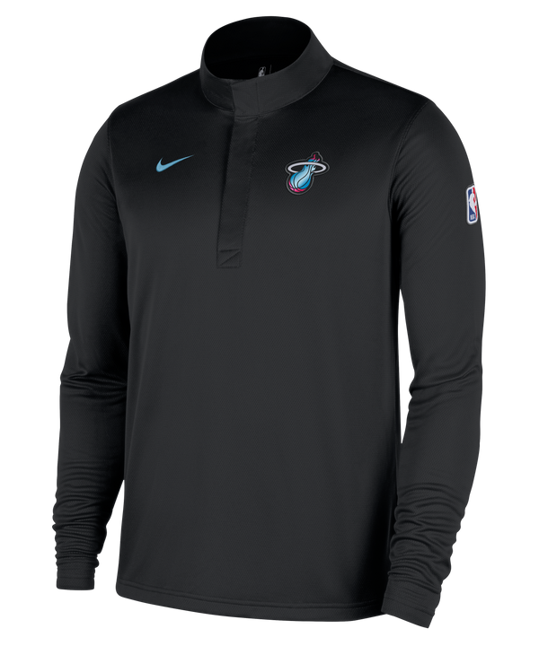 The Nike Miami HEAT Original Vice Nights 1/4 Zip Jacket is a black, long-sleeve pullover with a stand-up collar, Nike and team logos on the chest, NBA logo patch on the sleeve, standard fit, and polyester fabric—wash with like colors.