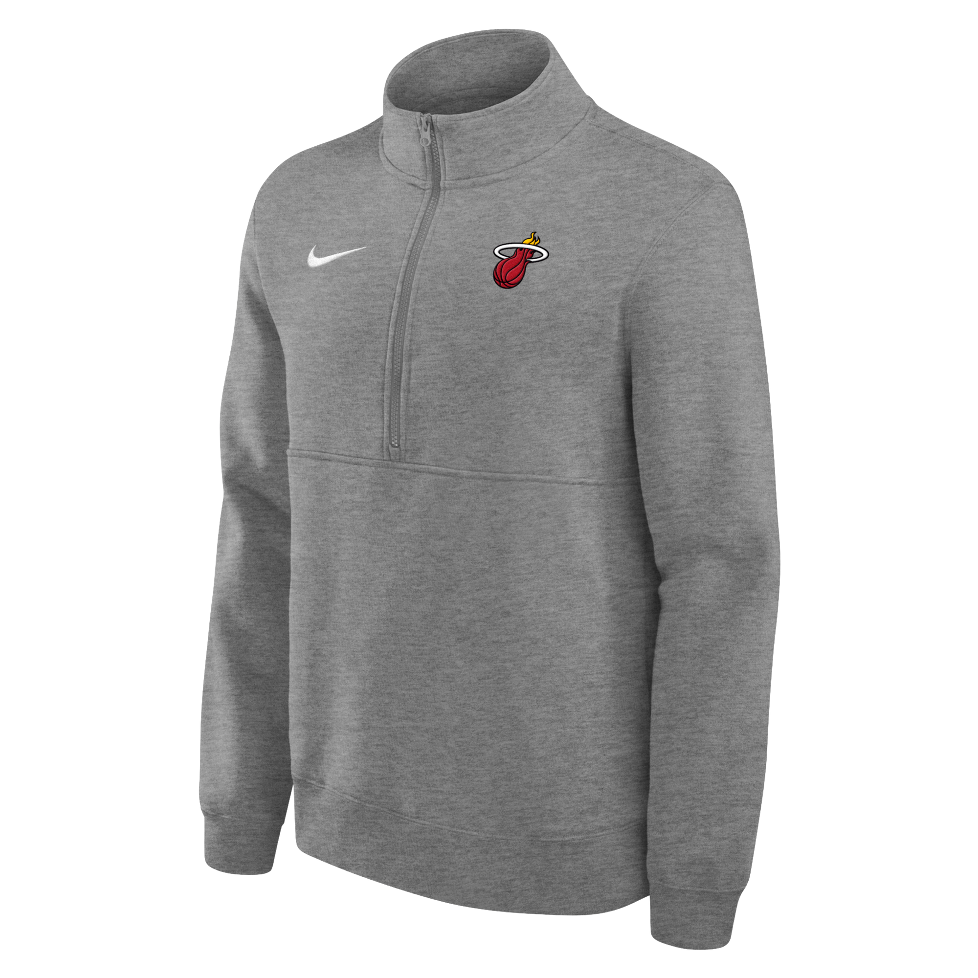 The Nike Miami HEAT Fleece 1/2 Zip Jacket is a gray standard-fit pullover featuring the Miami Heat logo left chest and white Nike swoosh right, made with soft cotton polyester. Shown on white background. Wash with like colors for best care.