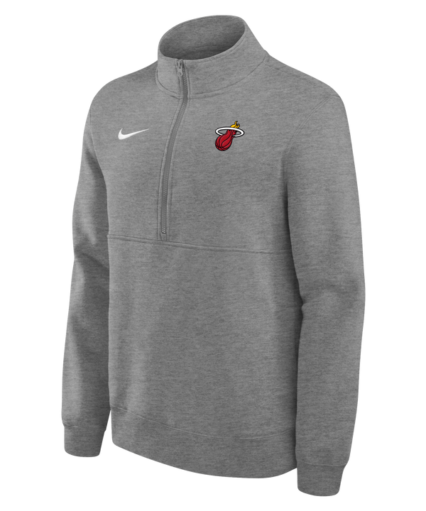 The Nike Miami HEAT Fleece 1/2 Zip Jacket is a gray standard-fit pullover featuring the Miami Heat logo left chest and white Nike swoosh right, made with soft cotton polyester. Shown on white background. Wash with like colors for best care.