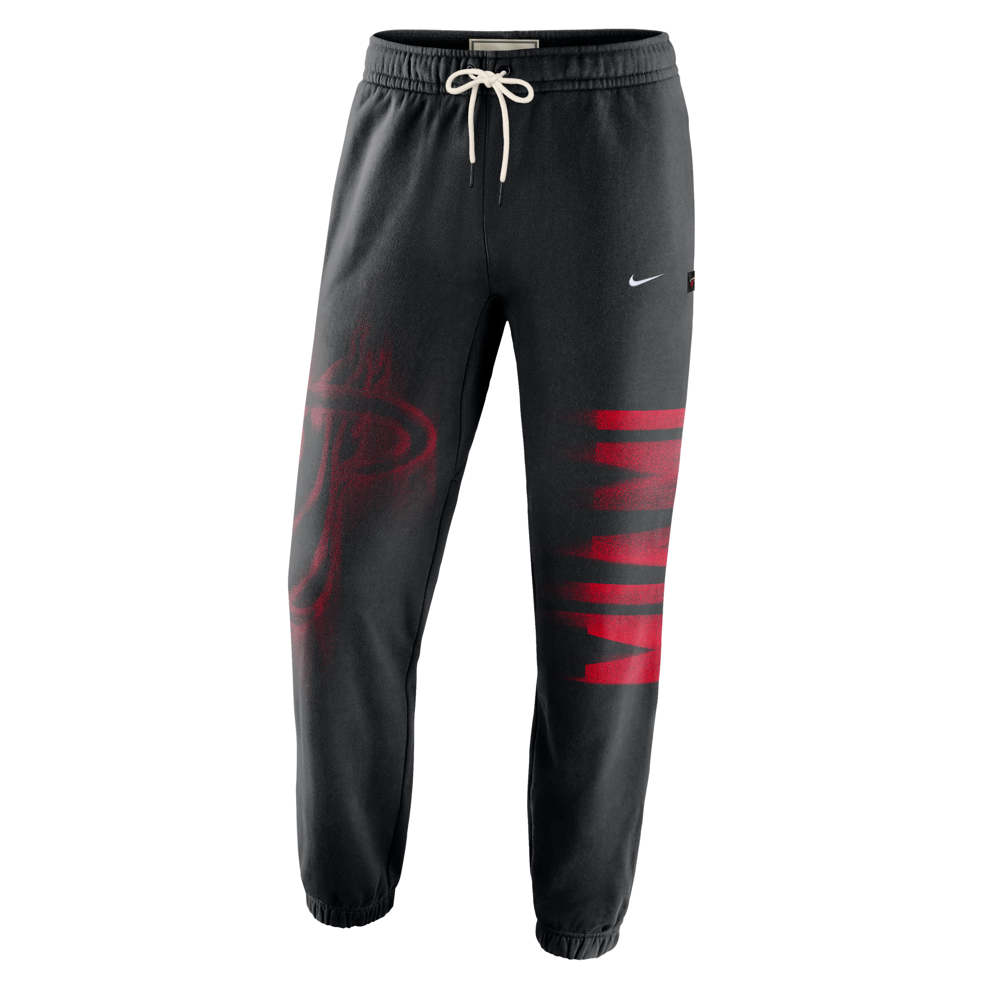 Nike Miami HEAT Standard Issue Fleece Pants in black, featuring a white drawstring, a red basketball logo on the right leg, and red MIAMI lettering on the left leg.