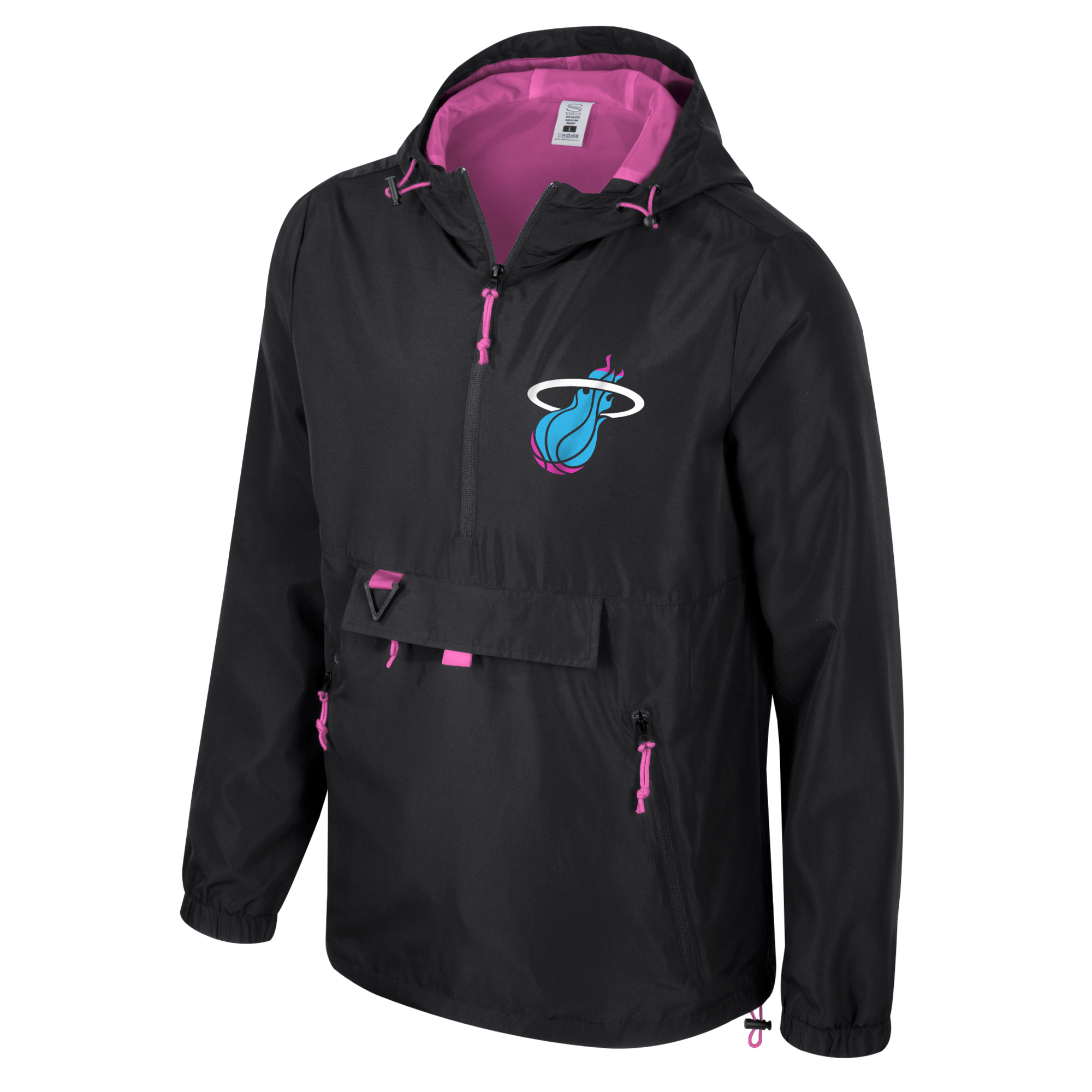 The Stadium Essentials Miami HEAT Original Vice Nights 1/4 Zip Jacket features black fabric with pink accents, a front pouch, and the team’s Vice logo on the left chest. Spot clean to keep this standout Stadium Essentials piece looking sharp.