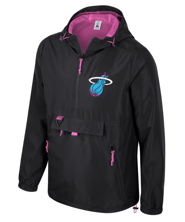 The Stadium Essentials Miami HEAT Original Vice Nights 1/4 Zip Jacket features black fabric with pink accents, a front pouch, and the team’s Vice logo on the left chest. Spot clean to keep this standout Stadium Essentials piece looking sharp.