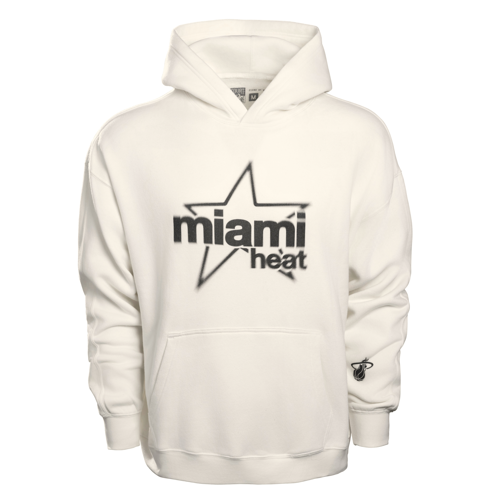 Introducing the Court Culture “Star” Hoodie by Court Culture—an ivory, standard fit hooded sweatshirt made from a cozy cotton-polyester blend. This hoodie showcases a black outlined star and the bold, stylized text “Miami Heat” across the chest, complemented by the official Miami Heat team logo on the left sleeve near the cuff.