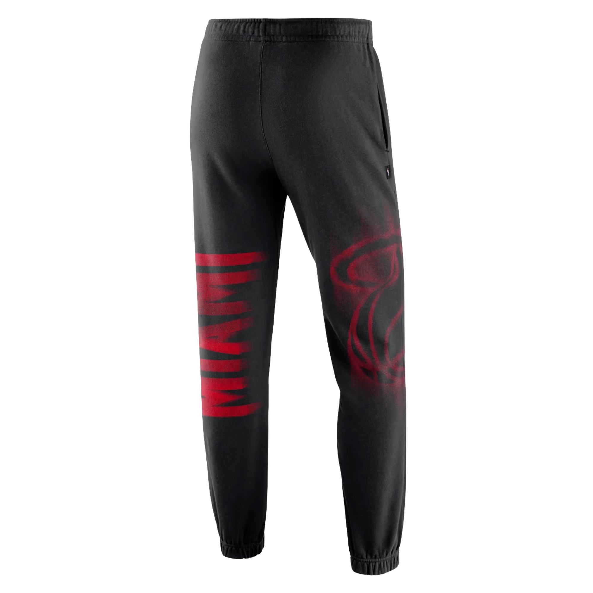 Black Nike Miami HEAT Standard Issue Fleece Pants with MIAMI printed in red on the lower right leg and a faded red circular graphic on the left leg.