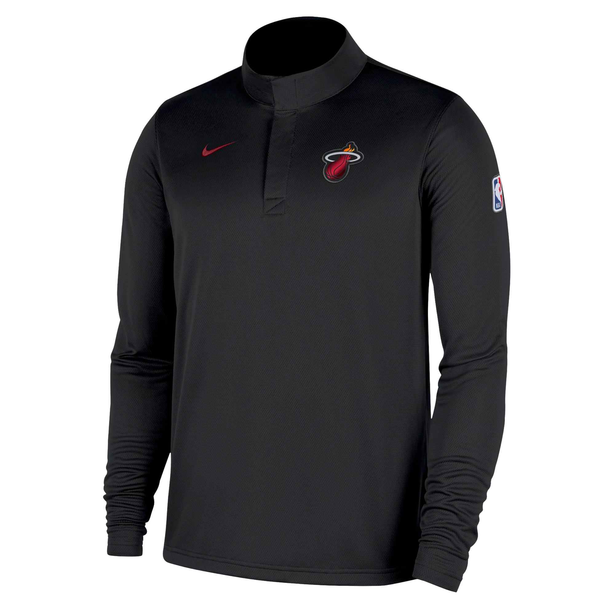 Black Nike Miami HEAT quarter-zip jacket with red swoosh and team logo on chest, long sleeves. - Nike Miami HEAT Black Logo 1/4 Zip
