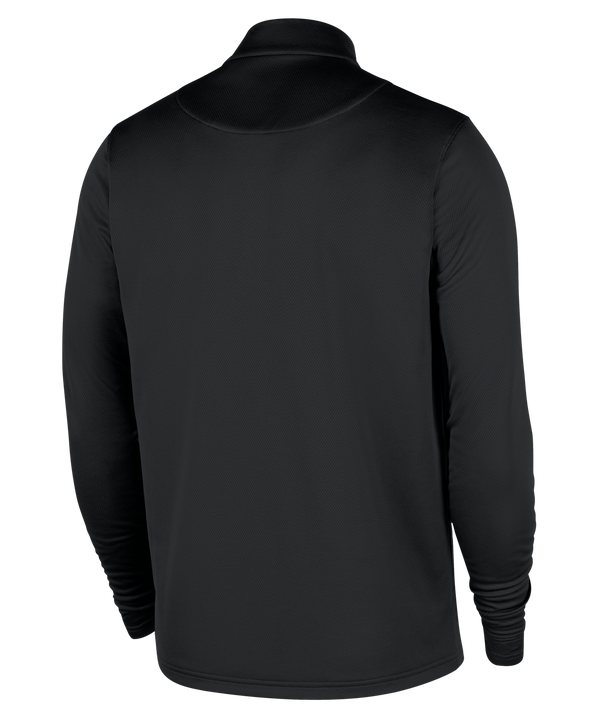 The Nike Miami HEAT Original Vice Nights 1/4 Zip Jacket is a black, long-sleeve pullover with a stand-up collar, Nike and team logos on the chest, NBA logo patch on the sleeve, standard fit, and polyester fabric—wash with like colors.