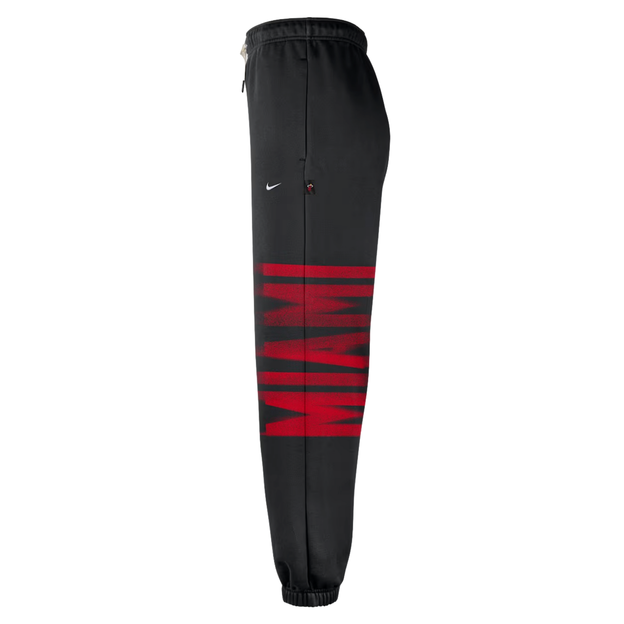 Side view of black Nike Miami HEAT Standard Issue Fleece Pants with a large red MIAMI graphic printed vertically on the lower leg.