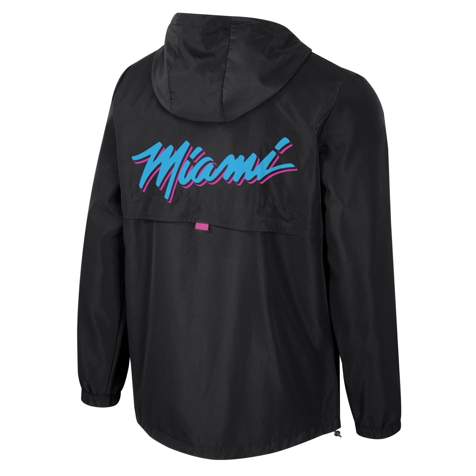 The Stadium Essentials Miami HEAT Original Vice Nights 1/4 Zip Jacket is a black hooded jacket with bold blue and pink 