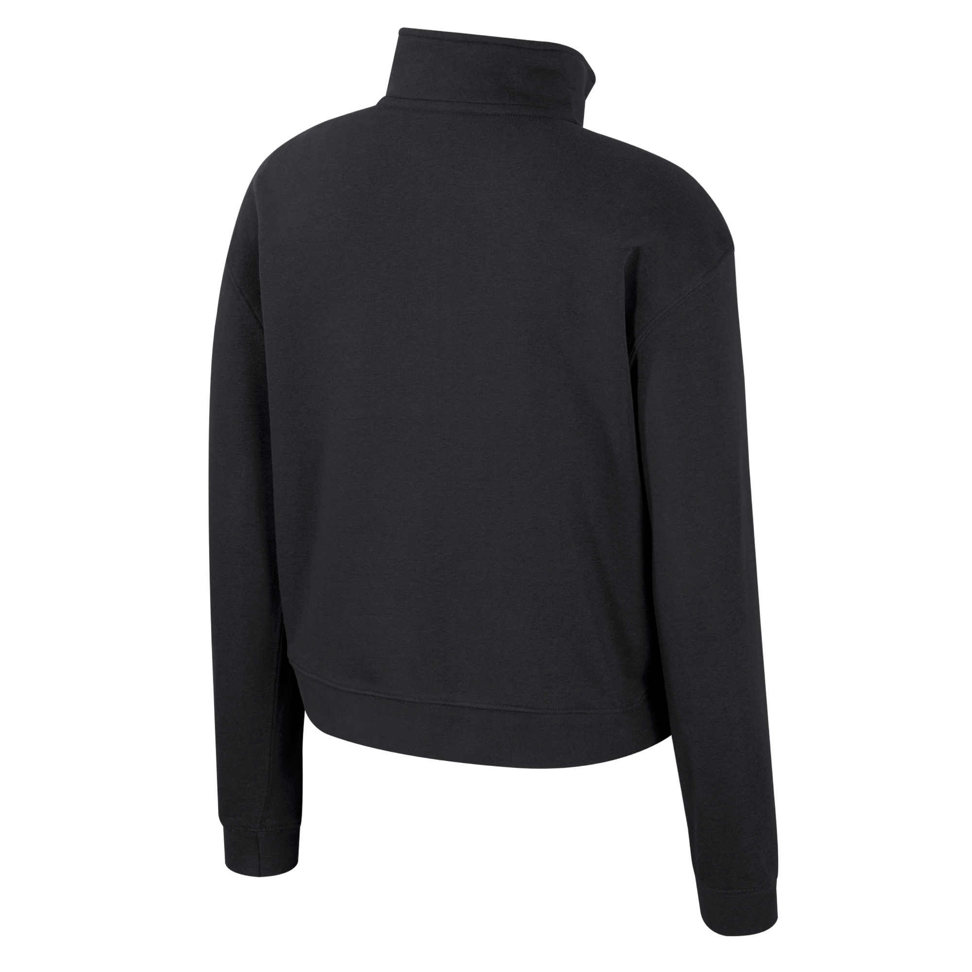 The Stadium Essentials Miami HEAT Original Vice Nights 1/2 Zip Women's Jacket, shown in black with long sleeves and a high collar, features a relaxed cotton-polyester fit. Its simple design makes styling easy. Machine wash cold for best care.