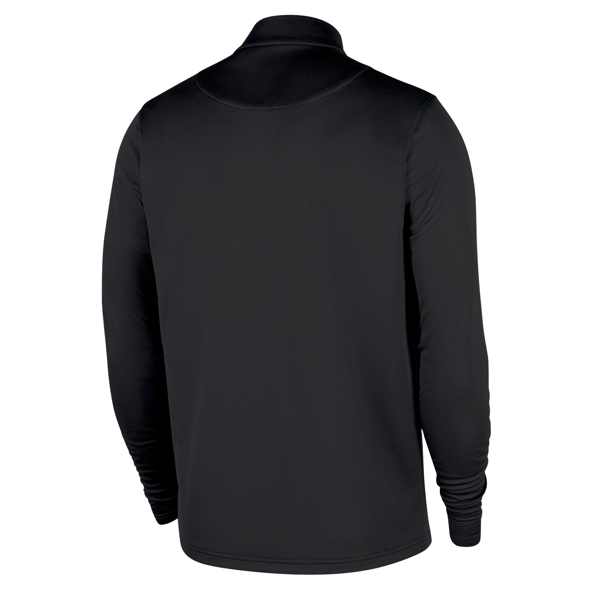 Black Nike Miami HEAT 1/4 zip jacket with long sleeves and stand collar, back view. - Nike Miami HEAT Black Logo 1/4 Zip