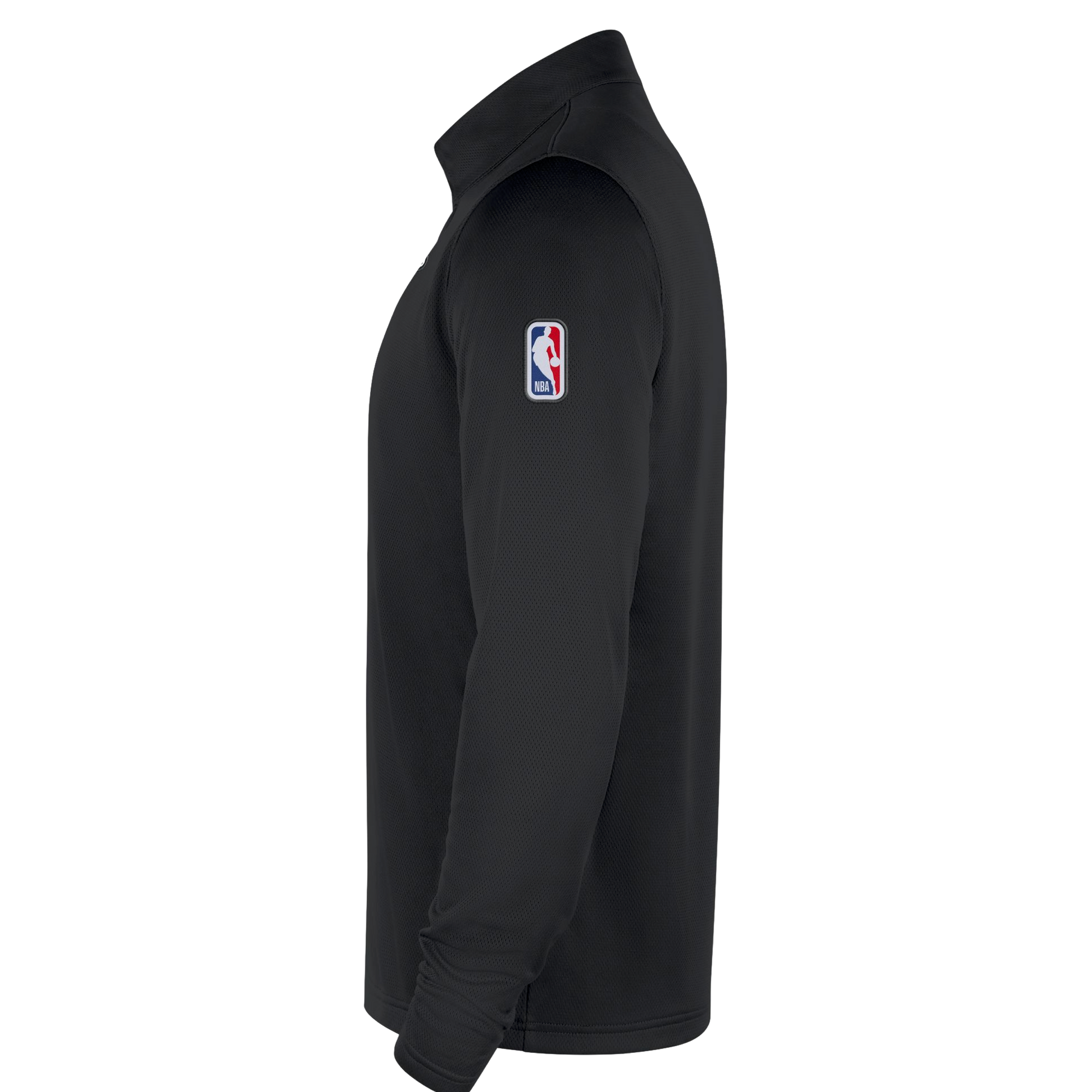 Black Nike Miami HEAT quarter-zip jacket with NBA logo on sleeve and long sleeves. - Nike Miami HEAT Black Logo 1/4 Zip