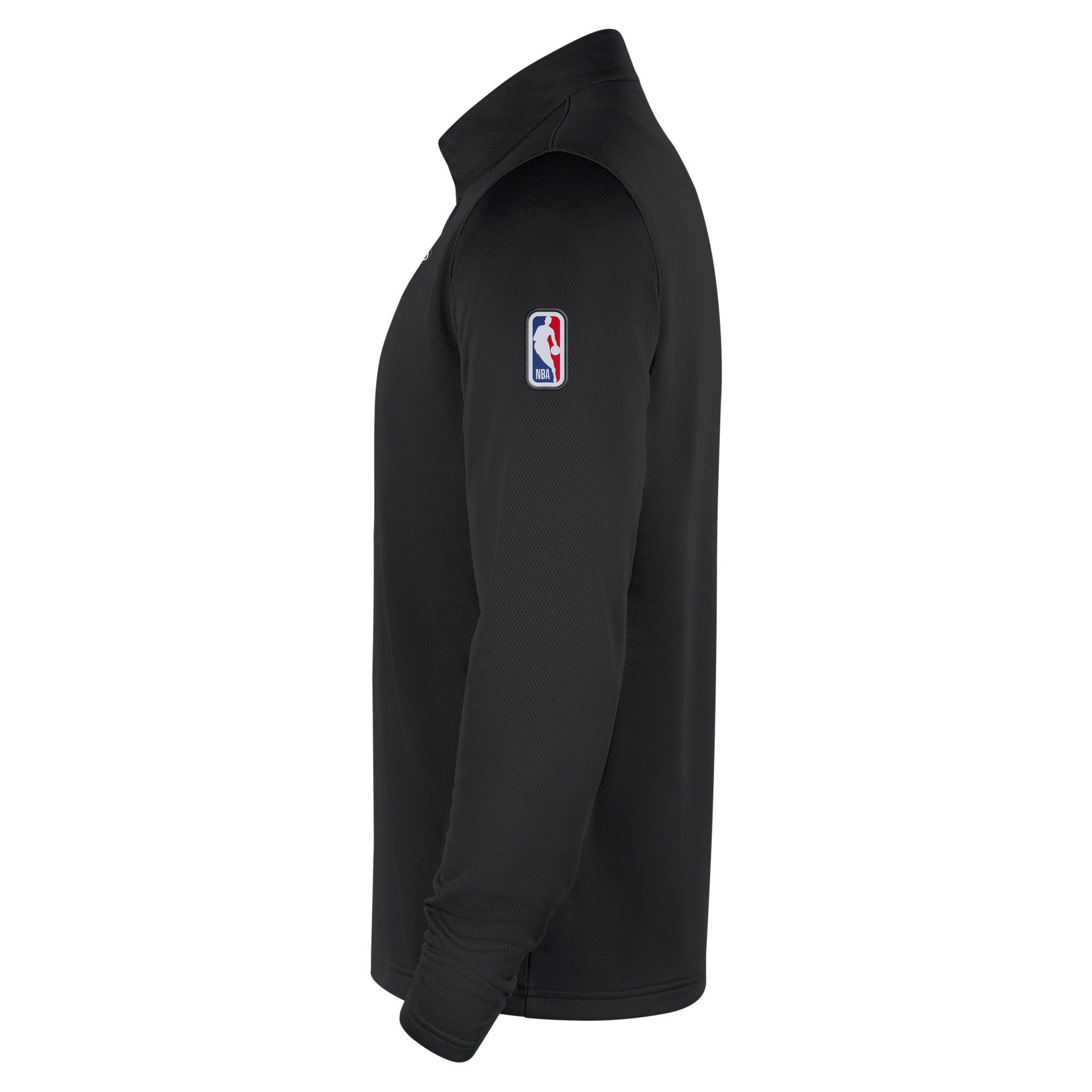 The Nike Miami HEAT Original Vice Nights 1/4 Zip Jacket, a black, long-sleeve athletic polyester jacket in standard fit, is shown from the side with an NBA logo patch on the upper sleeve against a plain white background. Wash with like colors.