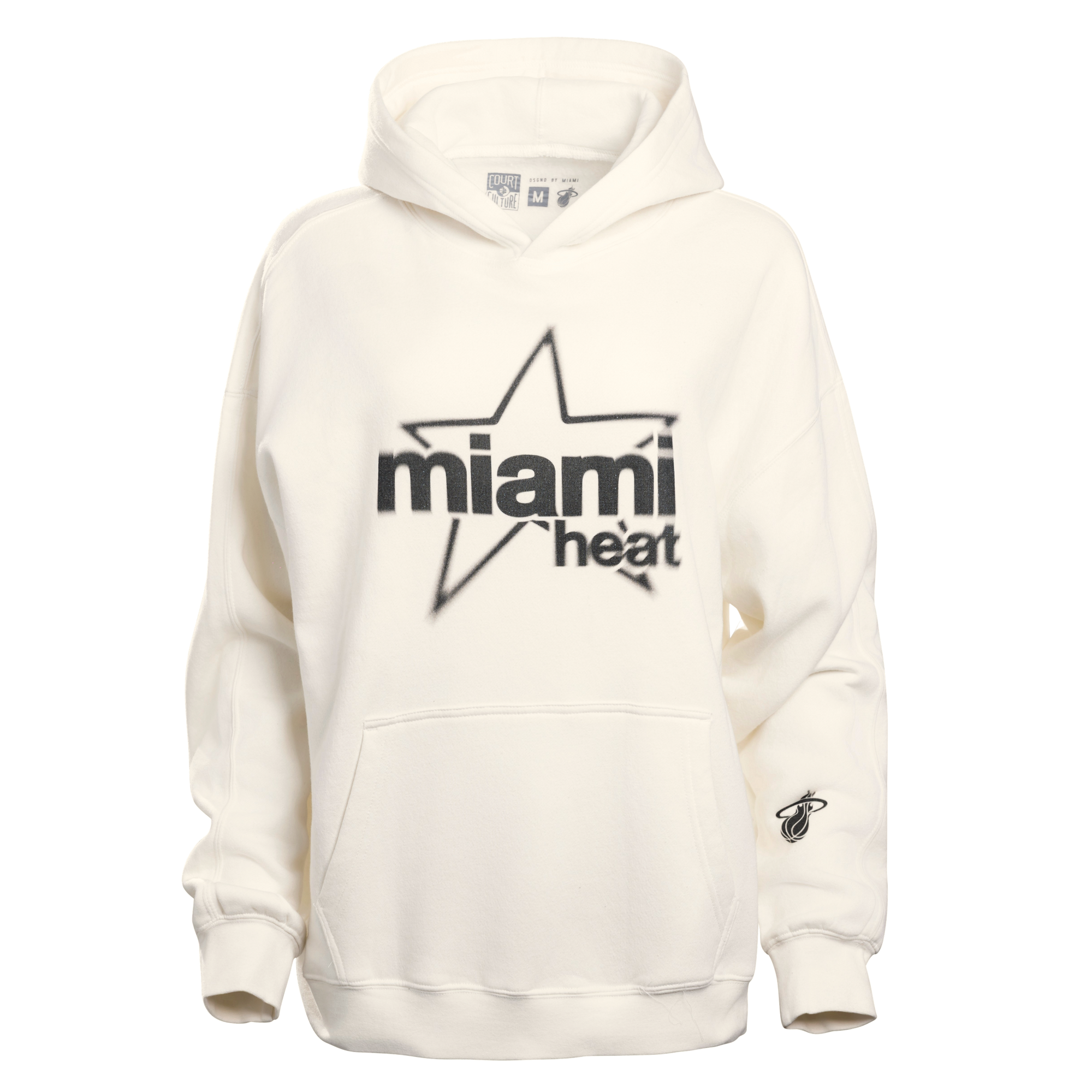 Introducing the Court Culture “Star” Hoodie by Court Culture—an ivory white hoodie featuring a bold, large star outline and “Miami Heat” printed in black across the front. Made from a soft cotton-polyester blend, this hoodie is designed for comfort with its relaxed standard fit, convenient front pocket, and an embroidered Miami Heat logo on the left sleeve.