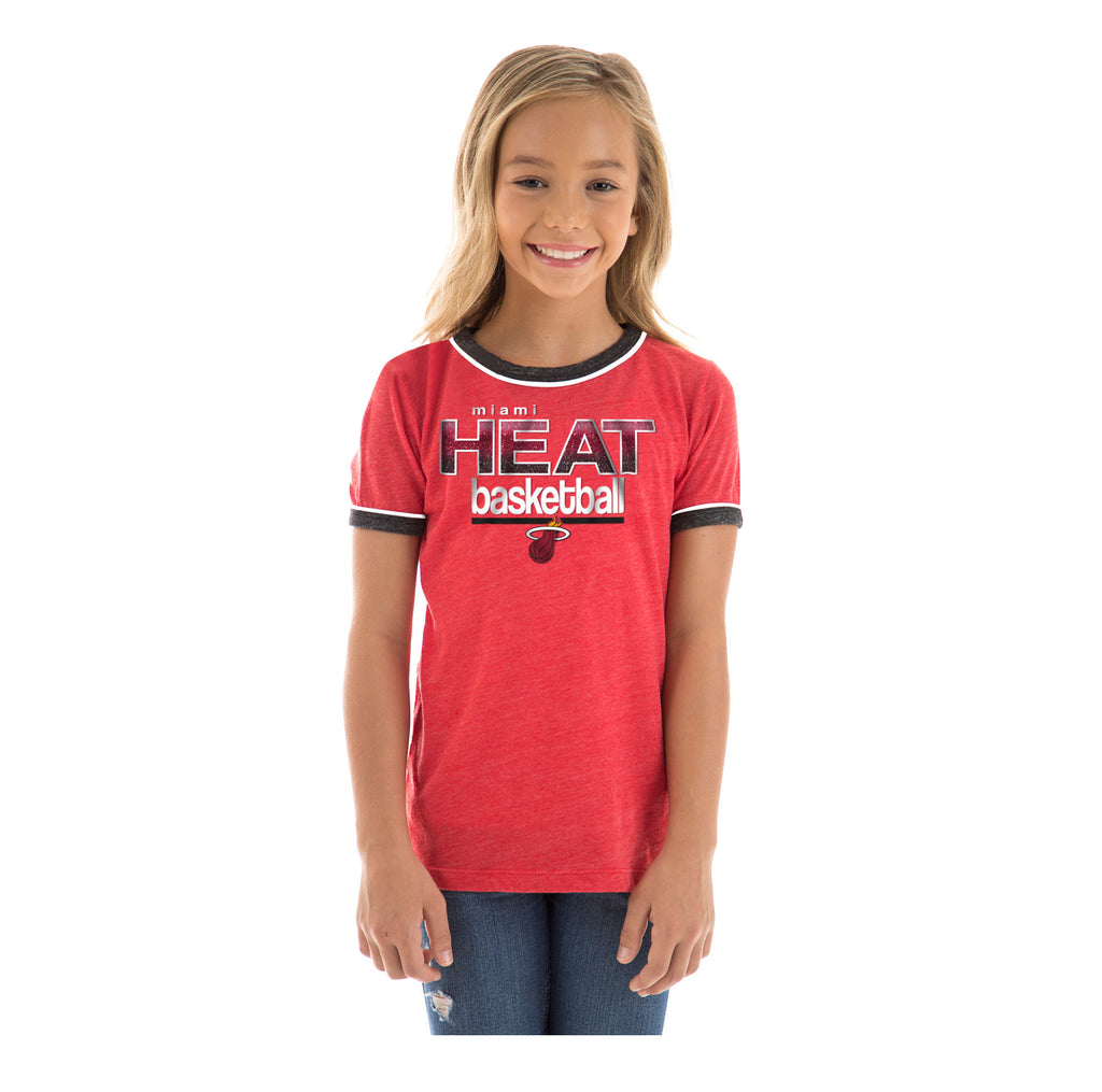 New Era Miami Heat Girls Scoop Triblend T-Shirt in Red, Size: 4/5