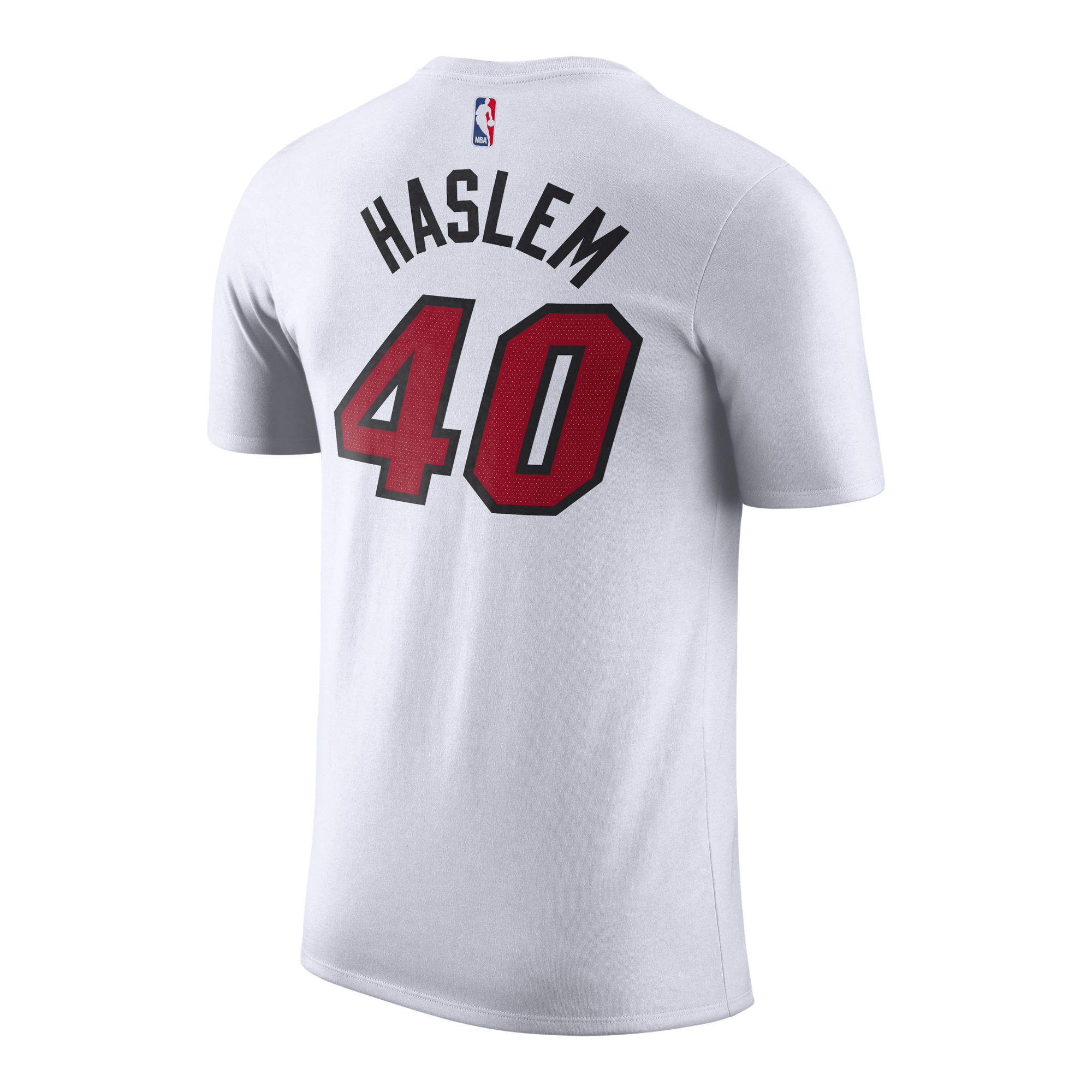 White Miami HEAT tee with Udonis Haslem name and number 40 in red and black on back. - Udonis Haslem Nike Miami HEAT Association White Name & Number Tee