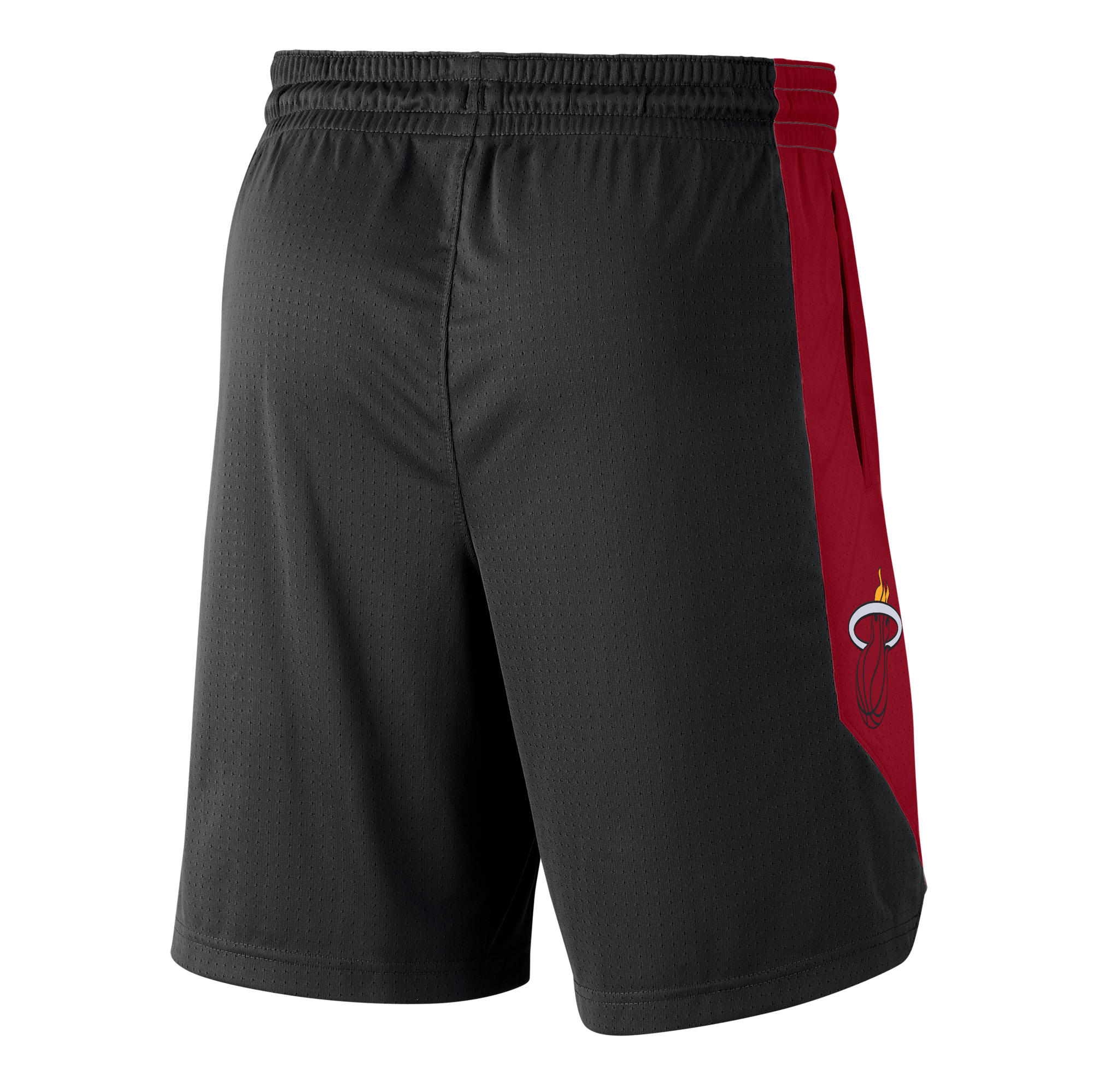 Black Nike Miami HEAT practice shorts with red side panels and Miami HEAT logo on right leg. - Nike Miami HEAT Practice Shorts