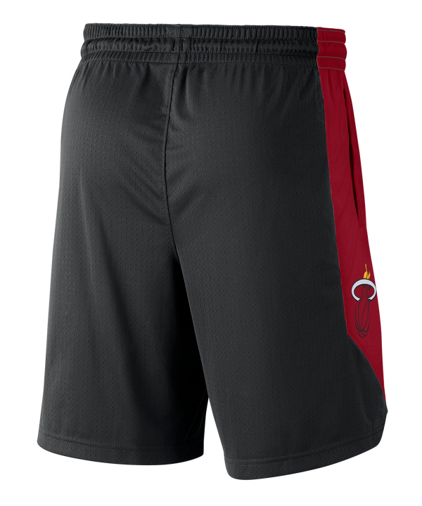 Black Nike Miami HEAT practice shorts with red side panels and white Nike swoosh logo. - Nike Miami HEAT Practice Shorts