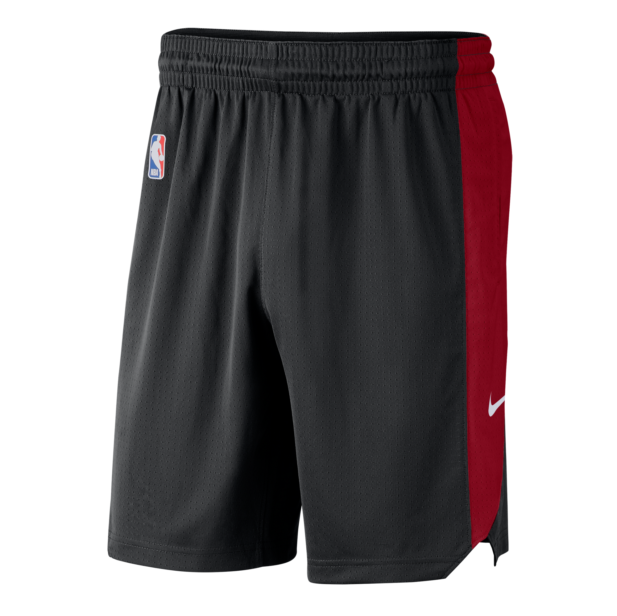 Black Nike Miami HEAT practice shorts with red side panels and white Nike swoosh logo. - Nike Miami HEAT Practice Shorts