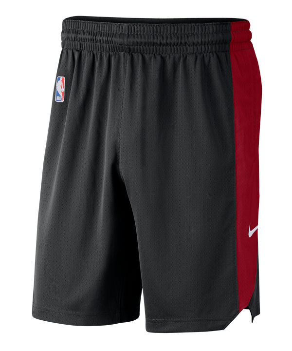 Black Nike Miami HEAT practice shorts with red side panels and white Nike swoosh logo. - Nike Miami HEAT Practice Shorts