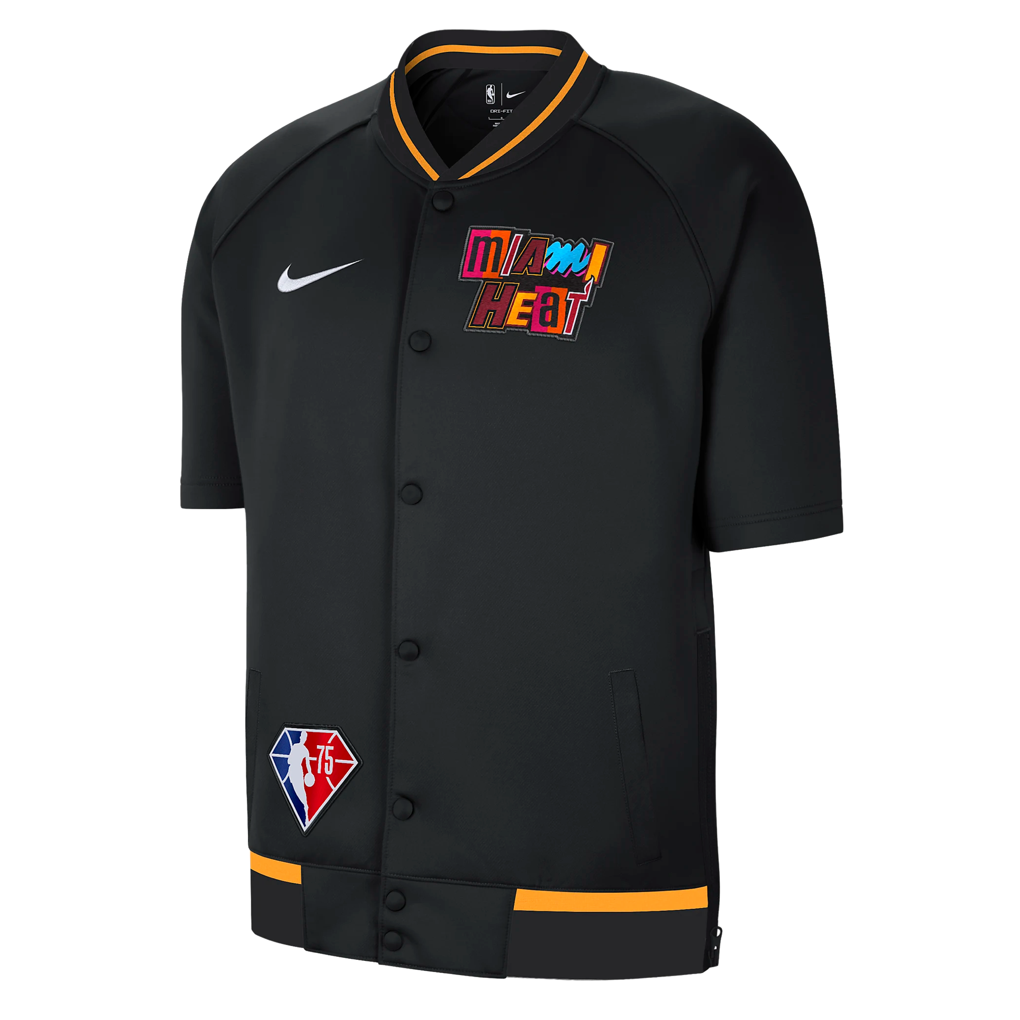 Black Nike short-sleeve jacket with Miami HEAT multicolor logo and NBA mashup patch, orange trim. - Nike Miami HEAT Mashup Showtime Short-Sleeve Jacket