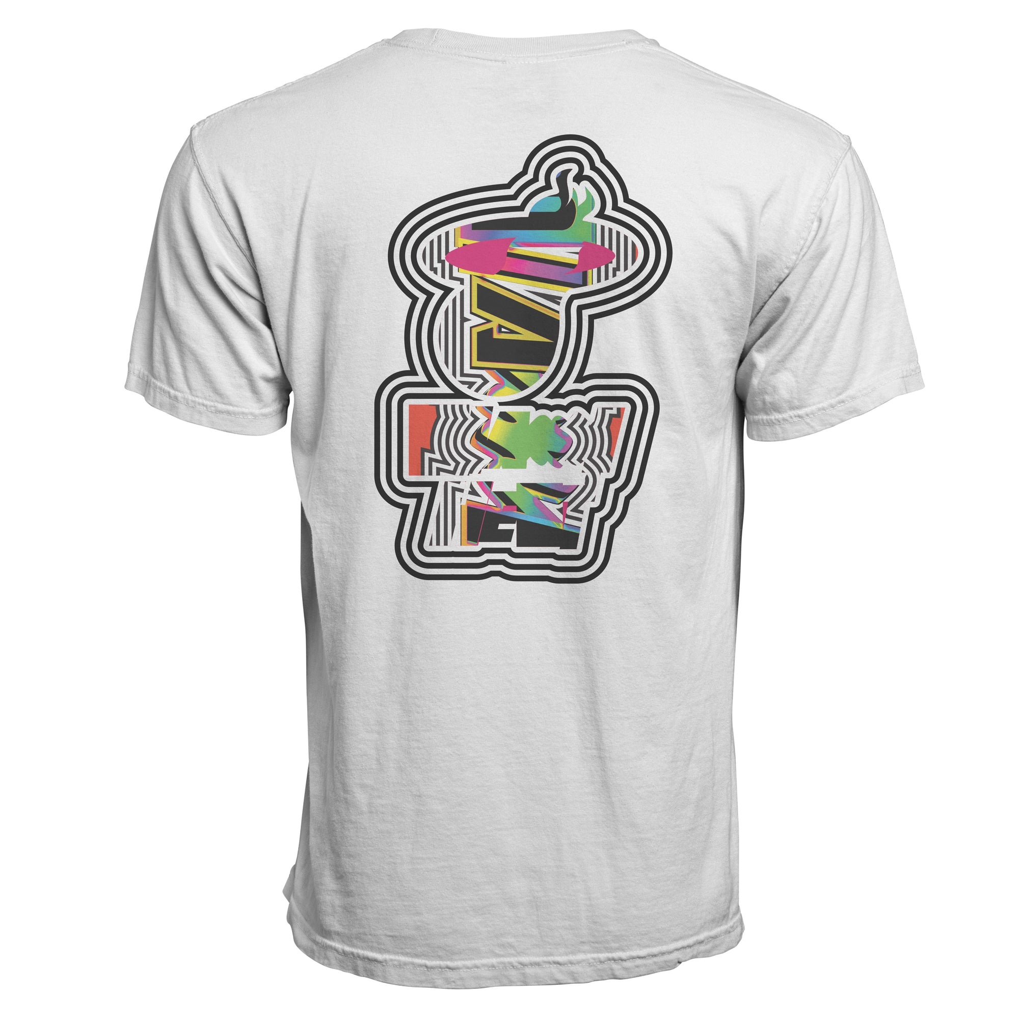 White Court Culture Playoff Chaos men's tee with colorful Miami HEAT logo graphic on the back. - Court Culture Playoff Chaos Men’s Tee