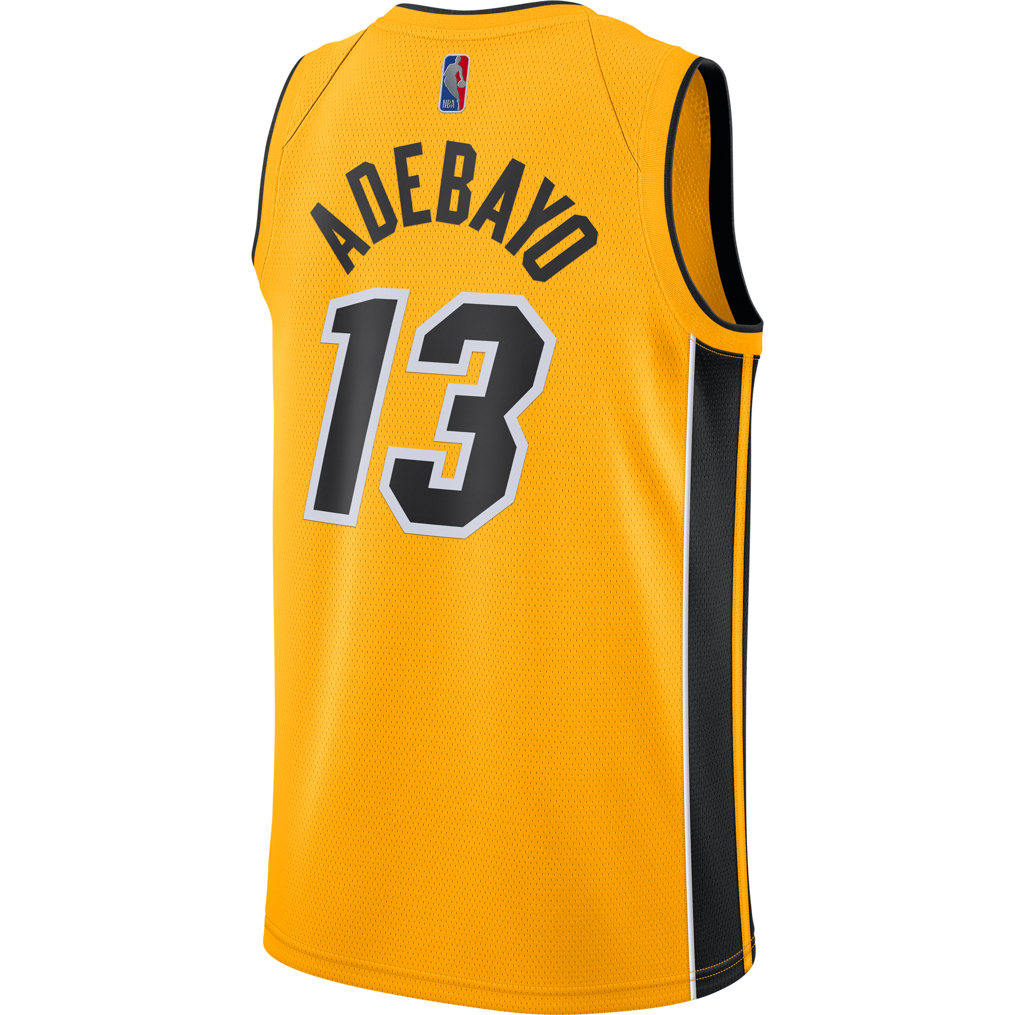 Miami HEAT Bam Adebayo gold Nike swingman jersey with number 13 and black side panels. - Bam Adebayo Nike Trophy Gold Swingman Jersey