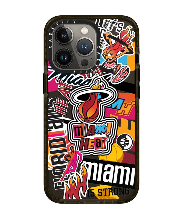 IPhone 12 case with vibrant Miami Heat-themed collage featuring fiery basketball and street-style graphics.