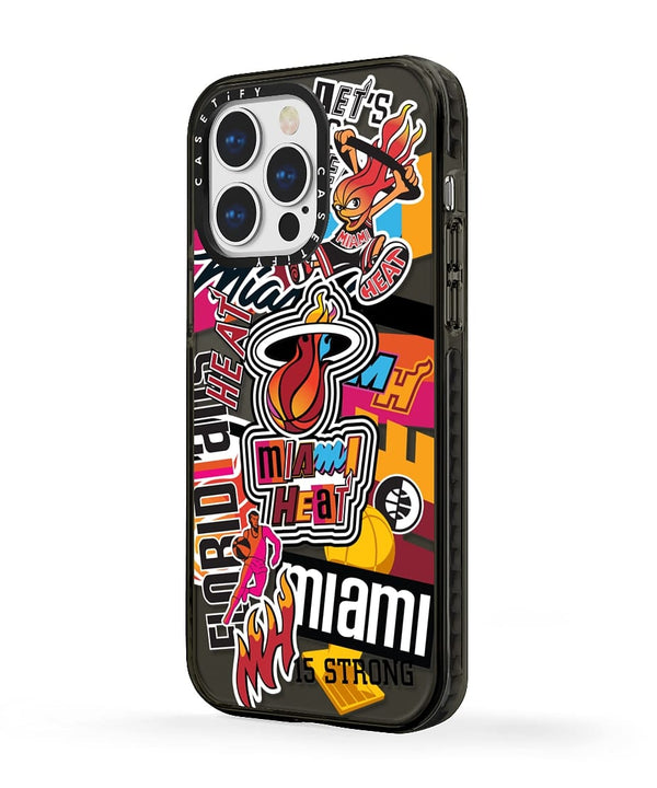IPhone 12 case with vibrant Miami Heat-themed collage featuring fiery basketball and street-style graphics.
