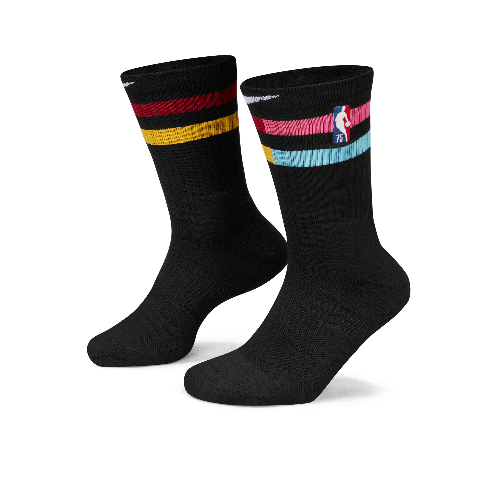 Black Nike crew socks with colorful stripes and Miami HEAT logo on cuff. - Nike Miami HEAT Mashup Elite Crew Socks