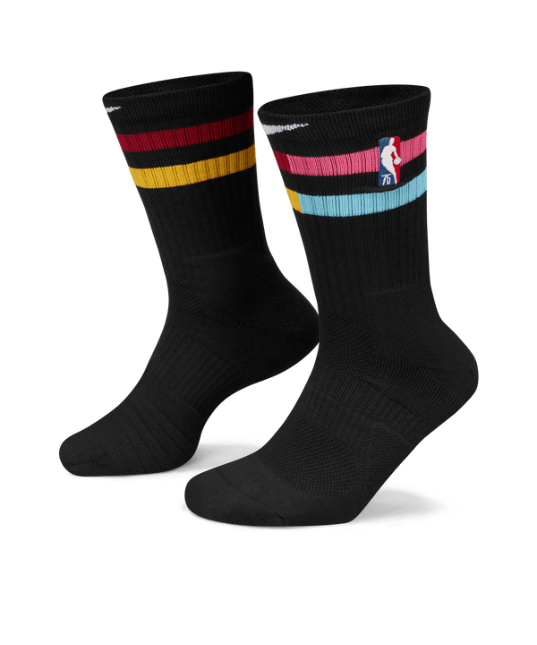 Black Nike crew socks with colorful stripes and Miami HEAT logo on cuff. - Nike Miami HEAT Mashup Elite Crew Socks