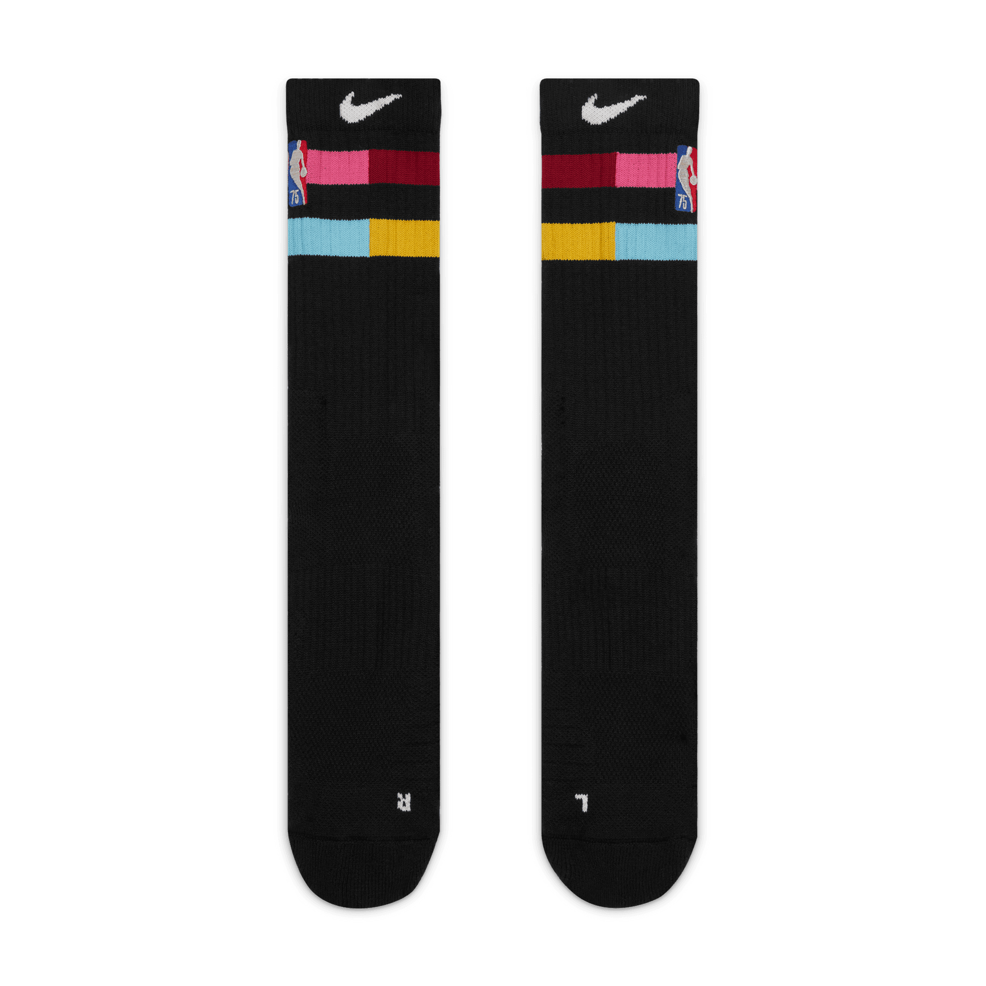 Black crew socks with Miami HEAT logo, multicolored stripes, and white Nike swoosh on cuffs. - Nike Miami HEAT Mashup Elite Crew Socks