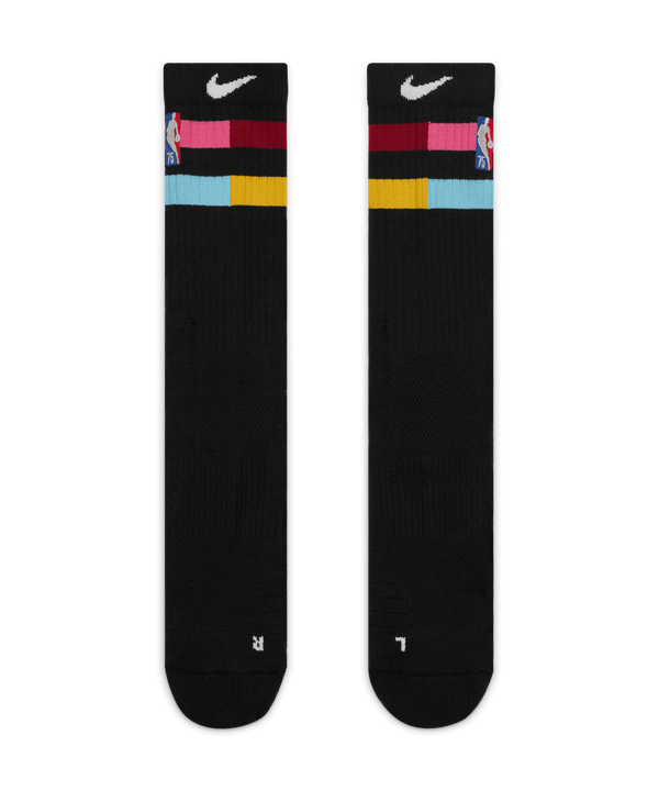 Black Nike crew socks with colorful stripes and Miami HEAT logo on cuff. - Nike Miami HEAT Mashup Elite Crew Socks