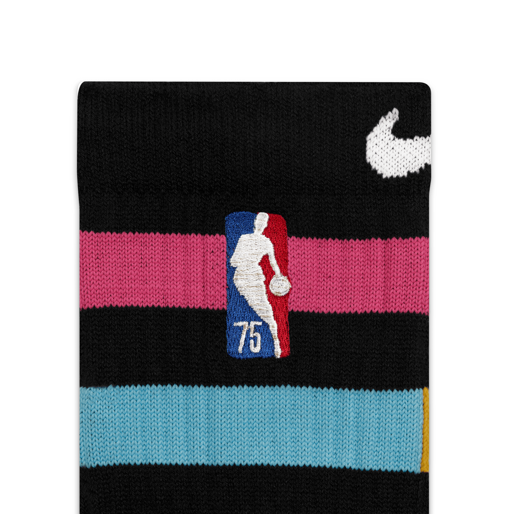 Black crew sock with pink and blue stripes, NBA 75th anniversary logo, white Nike swoosh, Miami HEAT style. - Nike Miami HEAT Mashup Elite Crew Socks