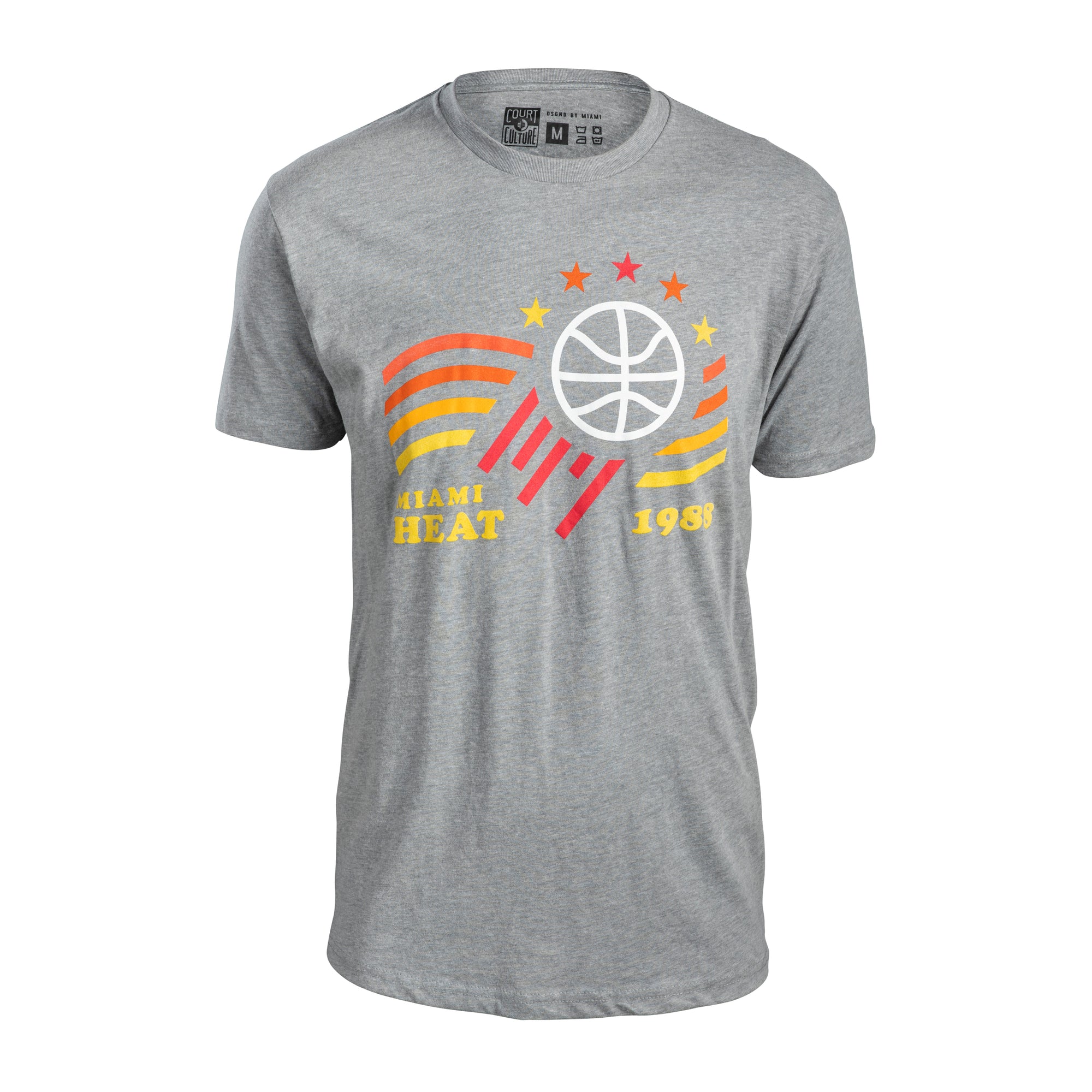 Gray short-sleeve tee with Miami HEAT basketball logo, orange and yellow graphic stripes, and five stars above. - American HEAT Tee