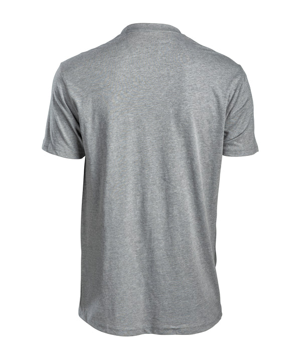 Gray short-sleeve tee with Miami HEAT basketball logo, orange and yellow graphic stripes, and five stars above. - American HEAT Tee