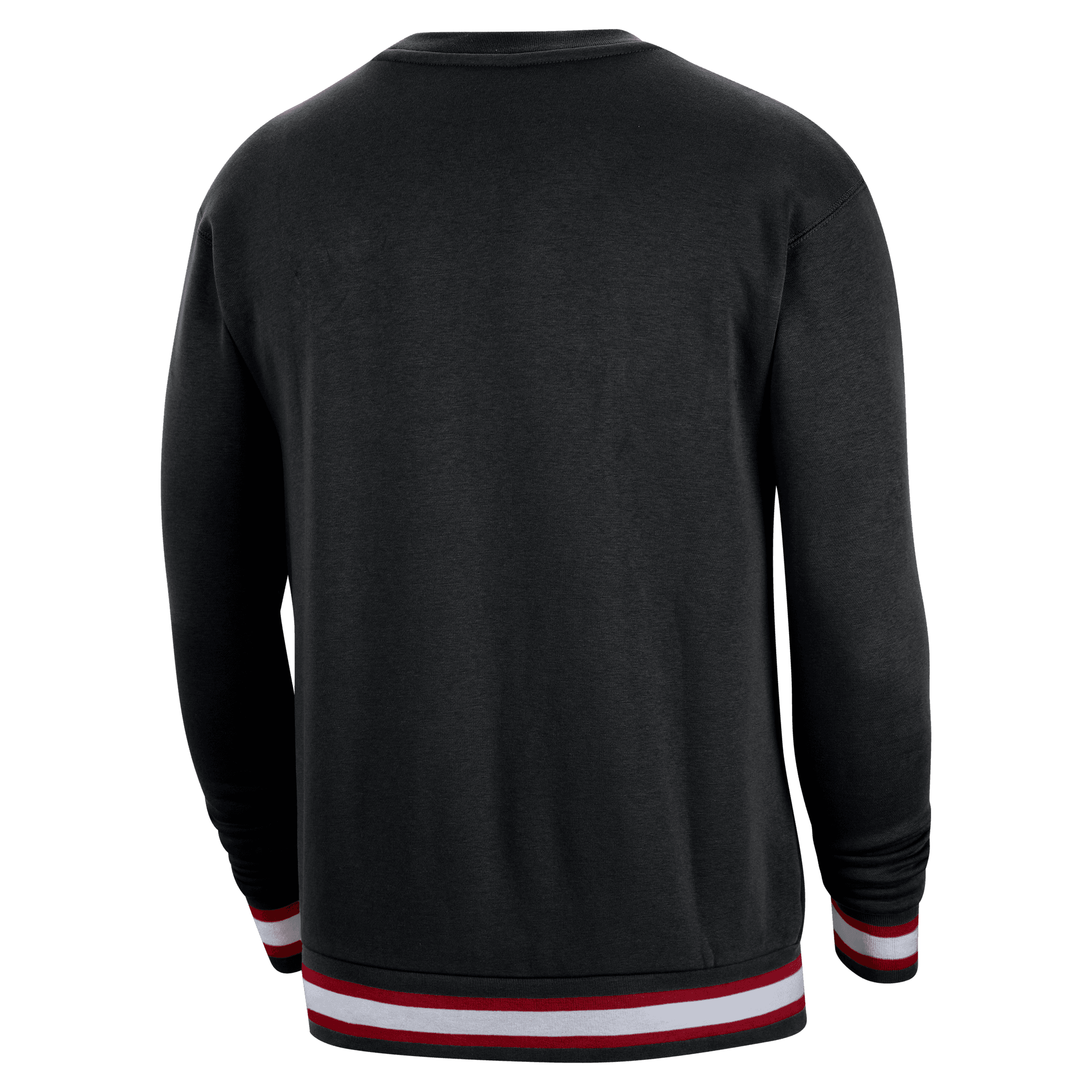 Black Nike Miami HEAT fleece sweatshirt with red and white striped cuffs and hem, back view. - Nike Miami HEAT Courtside Fleece Sweatshirt