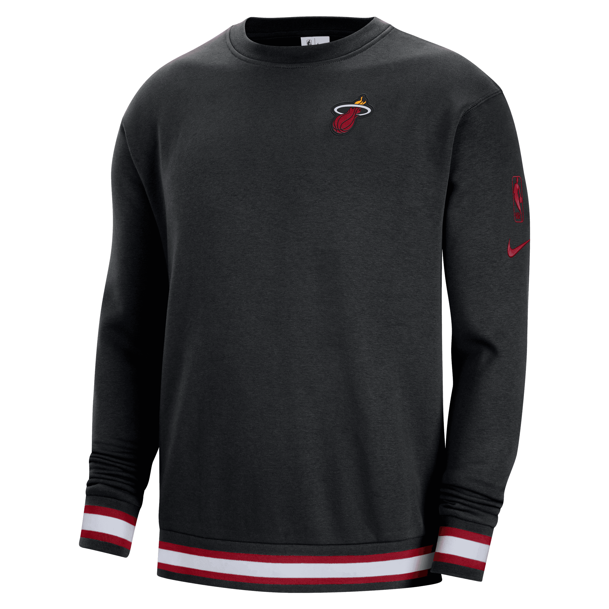 Black Nike Miami HEAT fleece sweatshirt with red and white striped cuffs and logo on chest and sleeve. - Nike Miami HEAT Courtside Fleece Sweatshirt
