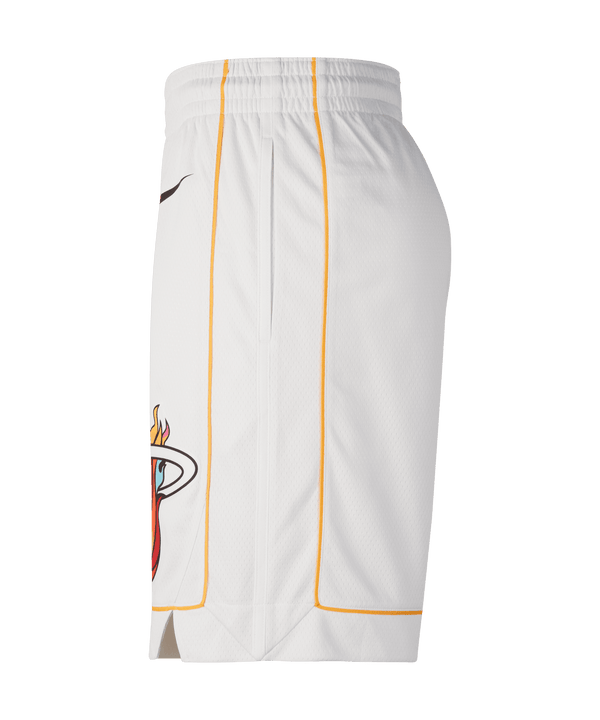 White Miami HEAT Nike swingman shorts with black swoosh and orange flaming basketball logo. - Nike Miami Mashup Vol. 2 Swingman Shorts