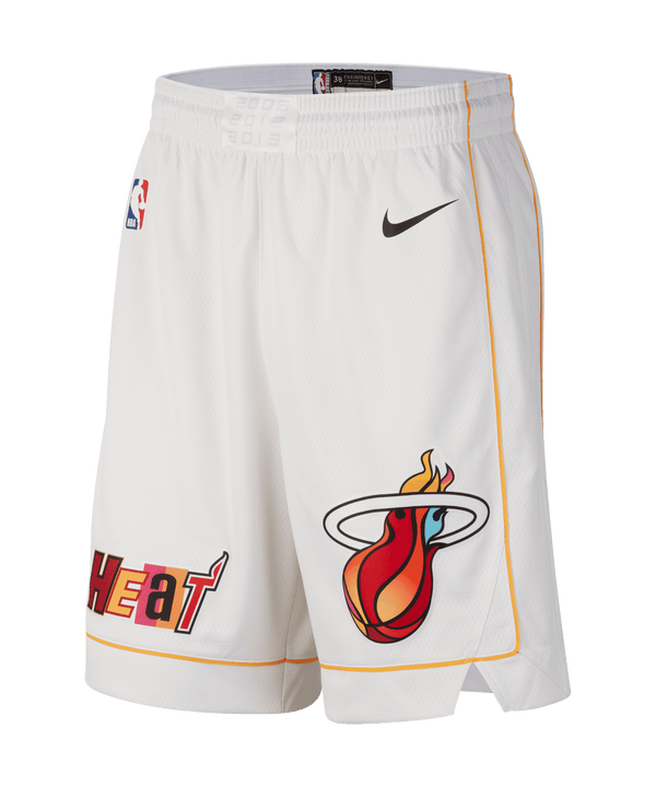 White Miami HEAT Nike swingman shorts with black swoosh and orange flaming basketball logo. - Nike Miami Mashup Vol. 2 Swingman Shorts