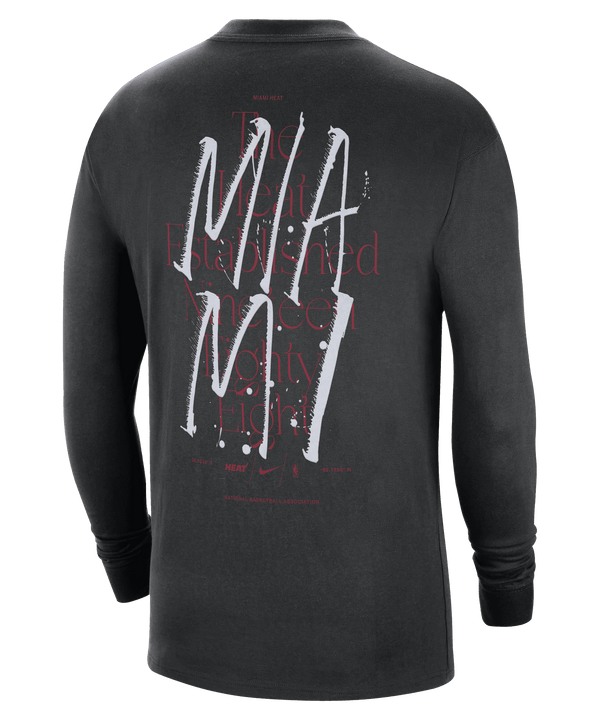 Black long-sleeve Nike tee with red Miami HEAT logo and vertical white text on front chest. - Nike Miami HEAT Courtside Max90 Long Sleeve Tee