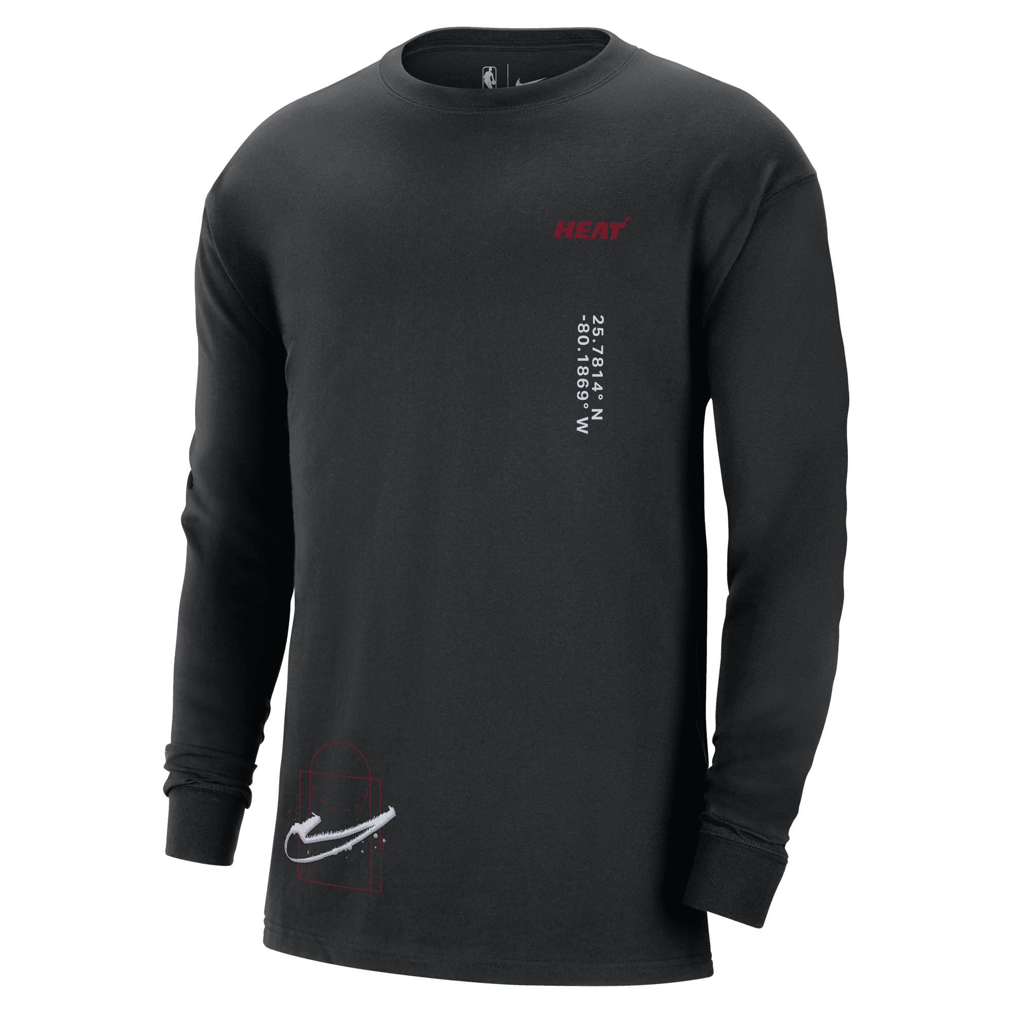 Black long-sleeve Nike tee with red Miami HEAT logo and vertical white text on front chest. - Nike Miami HEAT Courtside Max90 Long Sleeve Tee