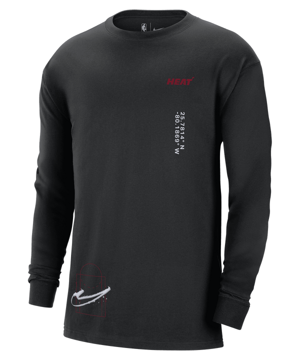 Black long-sleeve Nike tee with red Miami HEAT logo and vertical white text on front chest. - Nike Miami HEAT Courtside Max90 Long Sleeve Tee