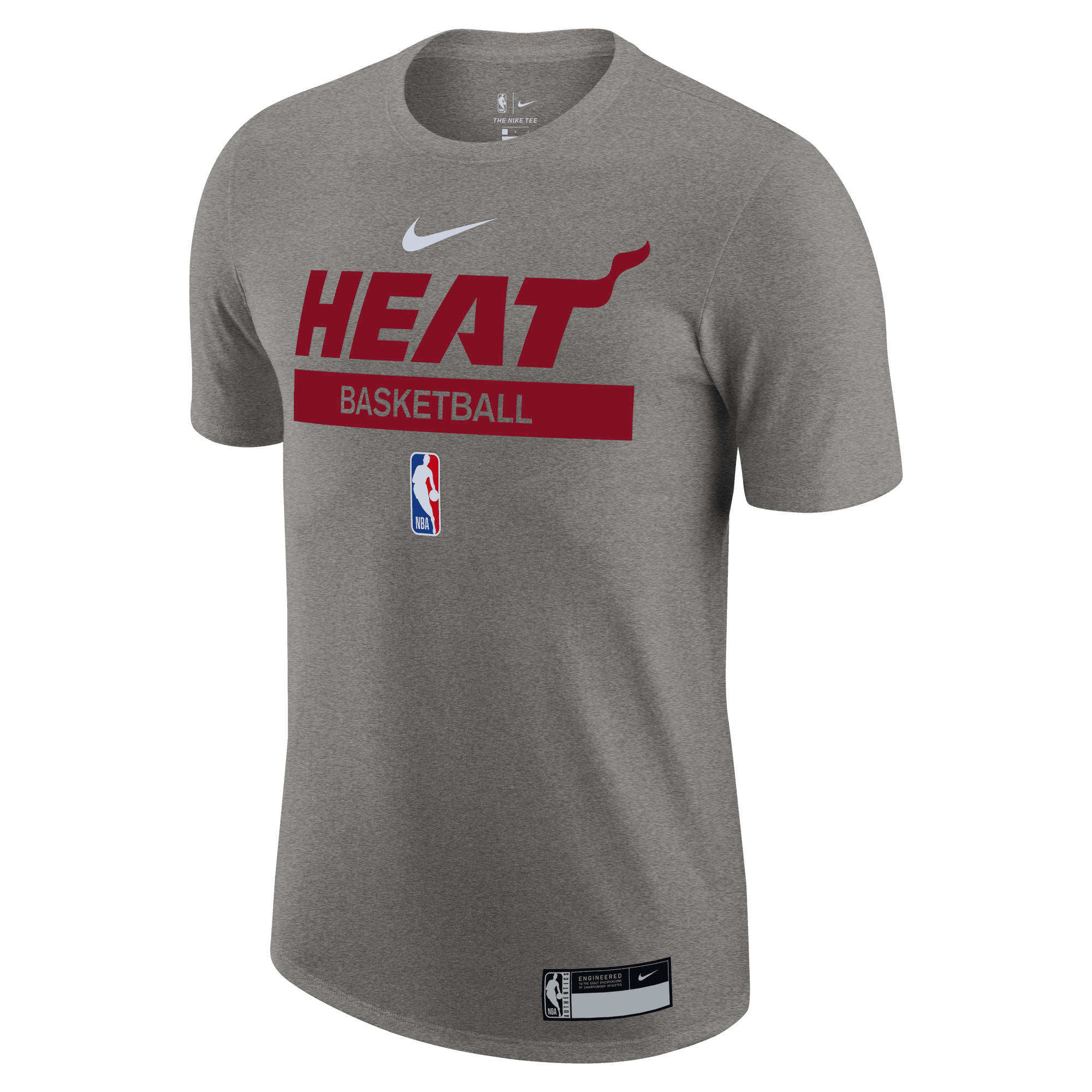 Grey Nike Miami HEAT basketball practice tee with red graphic and NBA logo. - Nike 2022-23 On-Court Grey Practice Tee