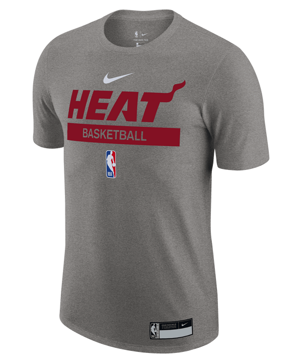 Grey Nike Miami HEAT basketball practice tee with red graphic and NBA logo. - Nike 2022-23 On-Court Grey Practice Tee