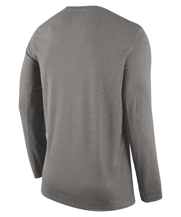 Nike grey long sleeve tee with red Miami HEAT Basketball logo and NBA emblem. - Nike 2022-23 On-Court Grey Practice Long Sleeve Tee