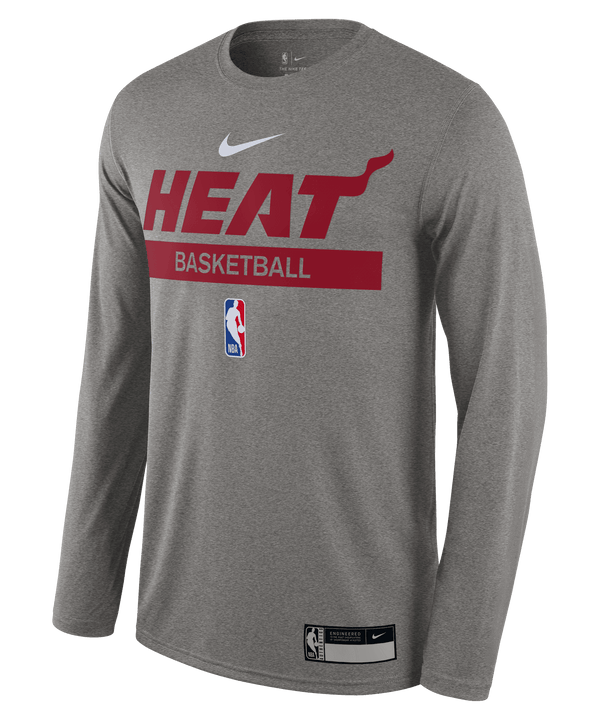 Nike grey long sleeve tee with red Miami HEAT Basketball logo and NBA emblem. - Nike 2022-23 On-Court Grey Practice Long Sleeve Tee