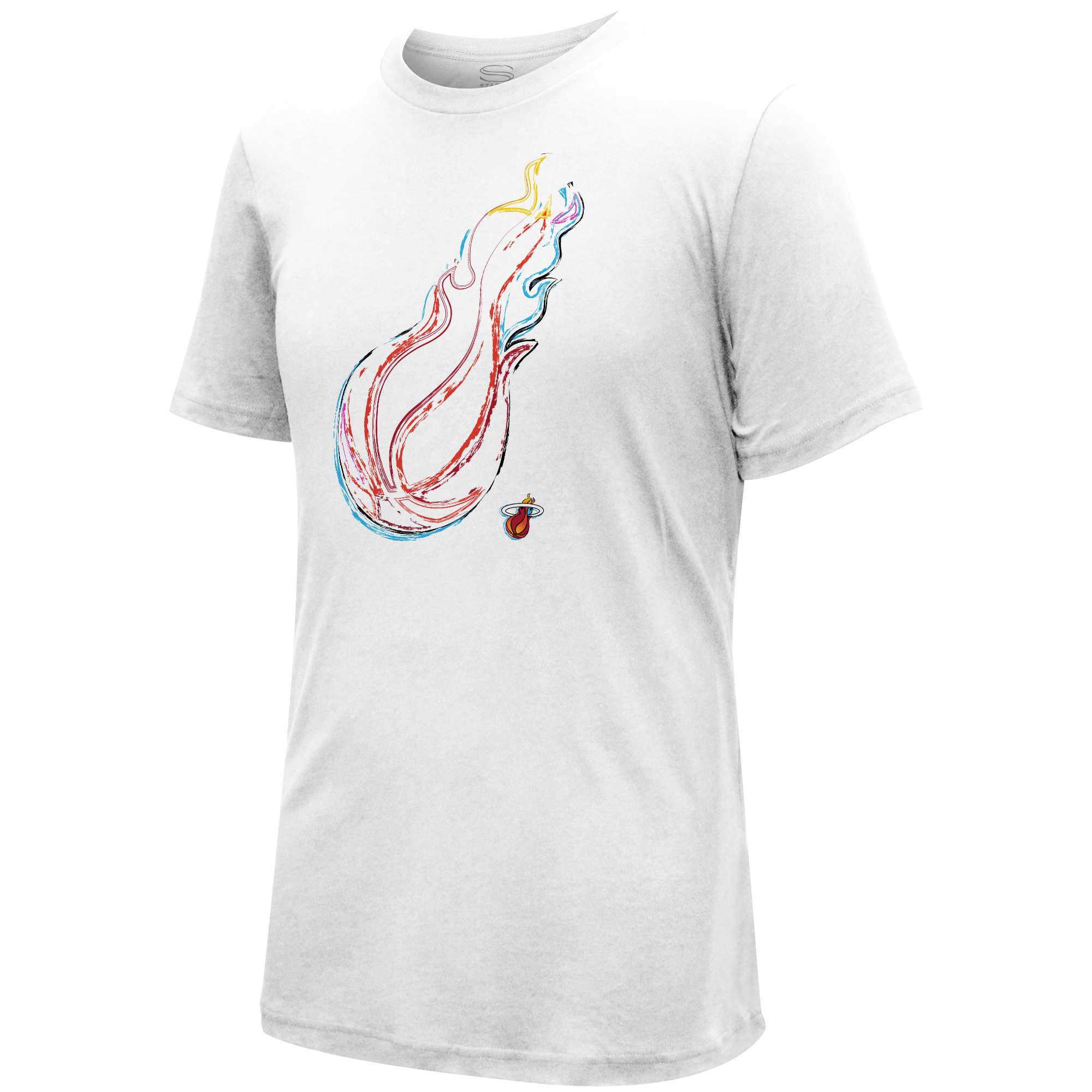 White Miami HEAT tee with colorful flame logo and small team emblem on front. - Stadium Essentials Miami Mashup Vol. 2 Logo Tee