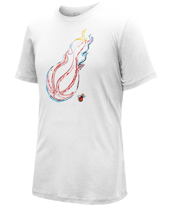 White Miami HEAT tee with colorful flame logo and small team emblem on front. - Stadium Essentials Miami Mashup Vol. 2 Logo Tee